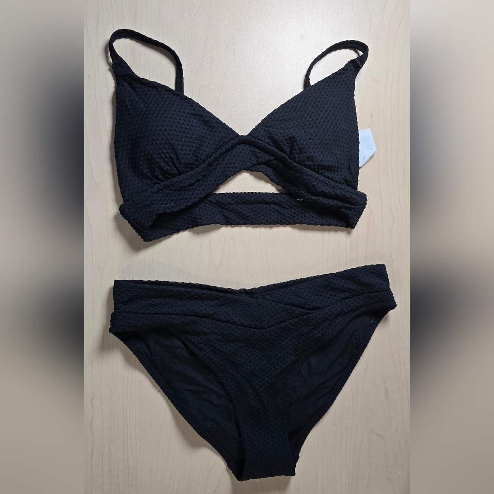 Aerie Black Textured Two-Piece Bikini Set Size Small